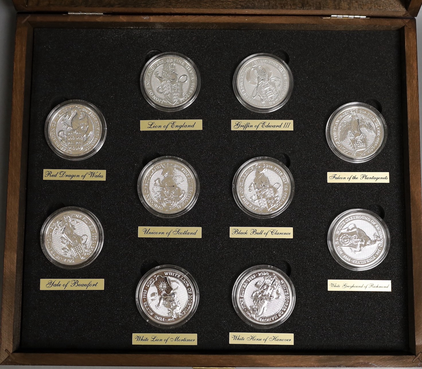 A cased set of of ten Queen's Beasts 2oz. bullion silver £5 coins